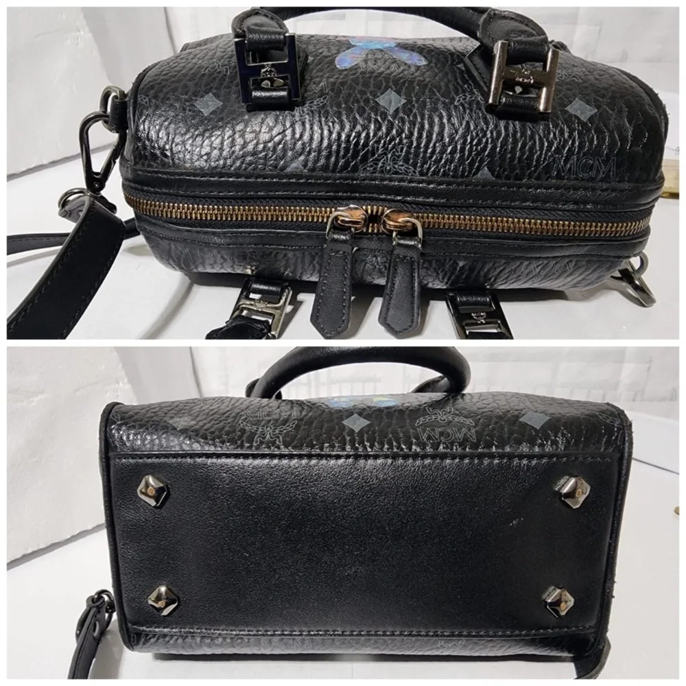 Authentic MCM Visestos Rabbit Small Boston Satchel Bag Black